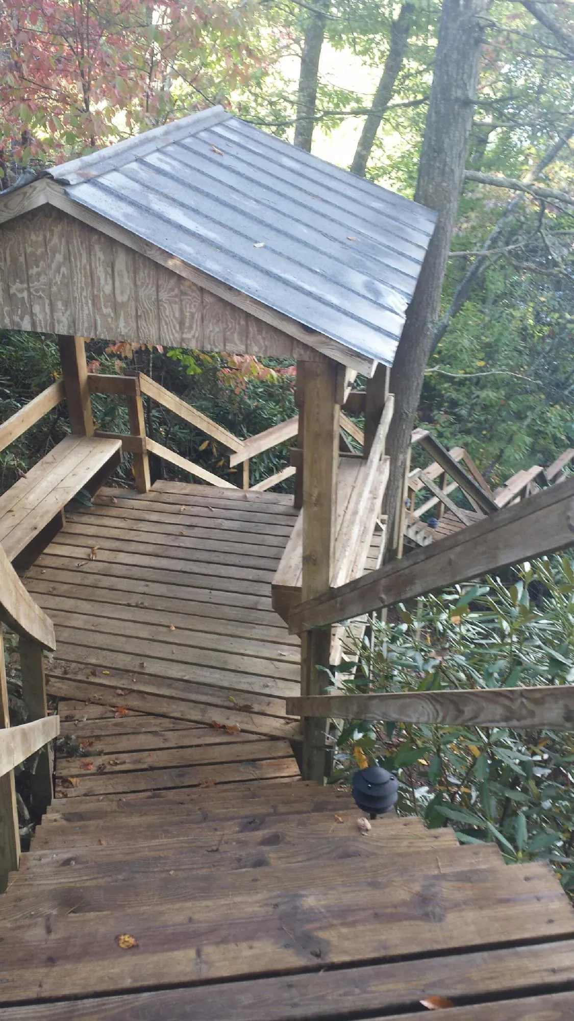 Metal roofed shelter over wooden steps on a wooded walkway — Skylight Repair & Installation work by our crew in Knob Lick